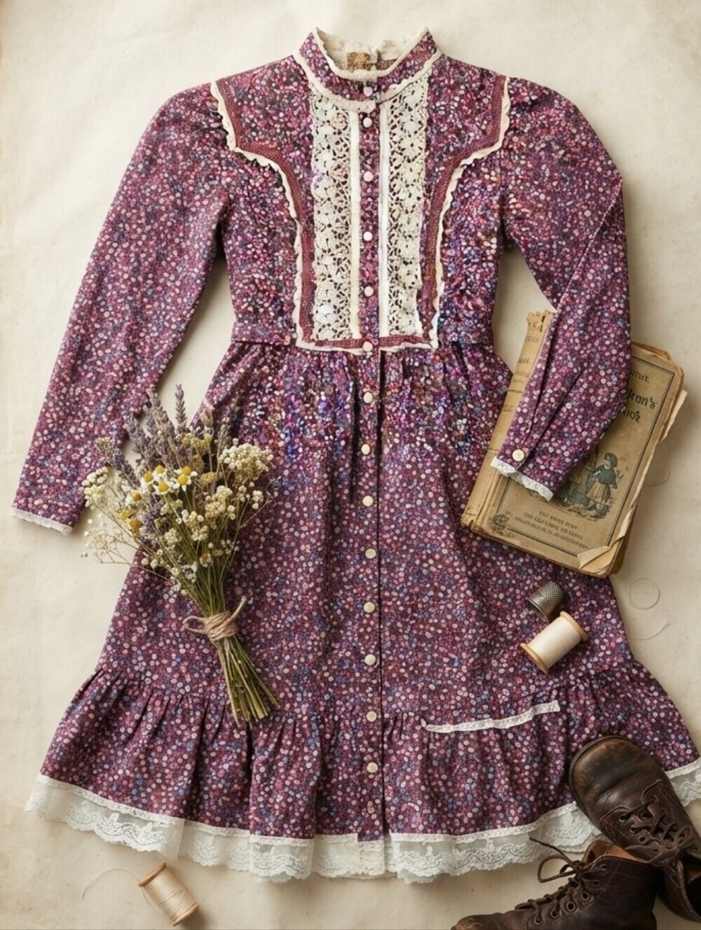 Vintage Gunne Sax Purple Mini Floral Print Lace Trim Long Sleeve Prairie Dress